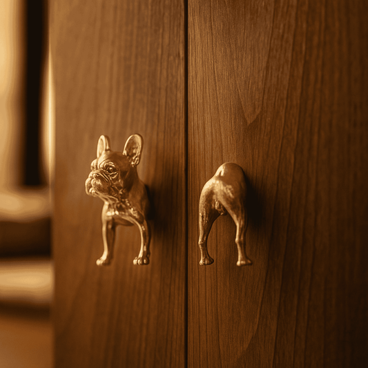 Wooden cabinet with brass dog-shaped handles