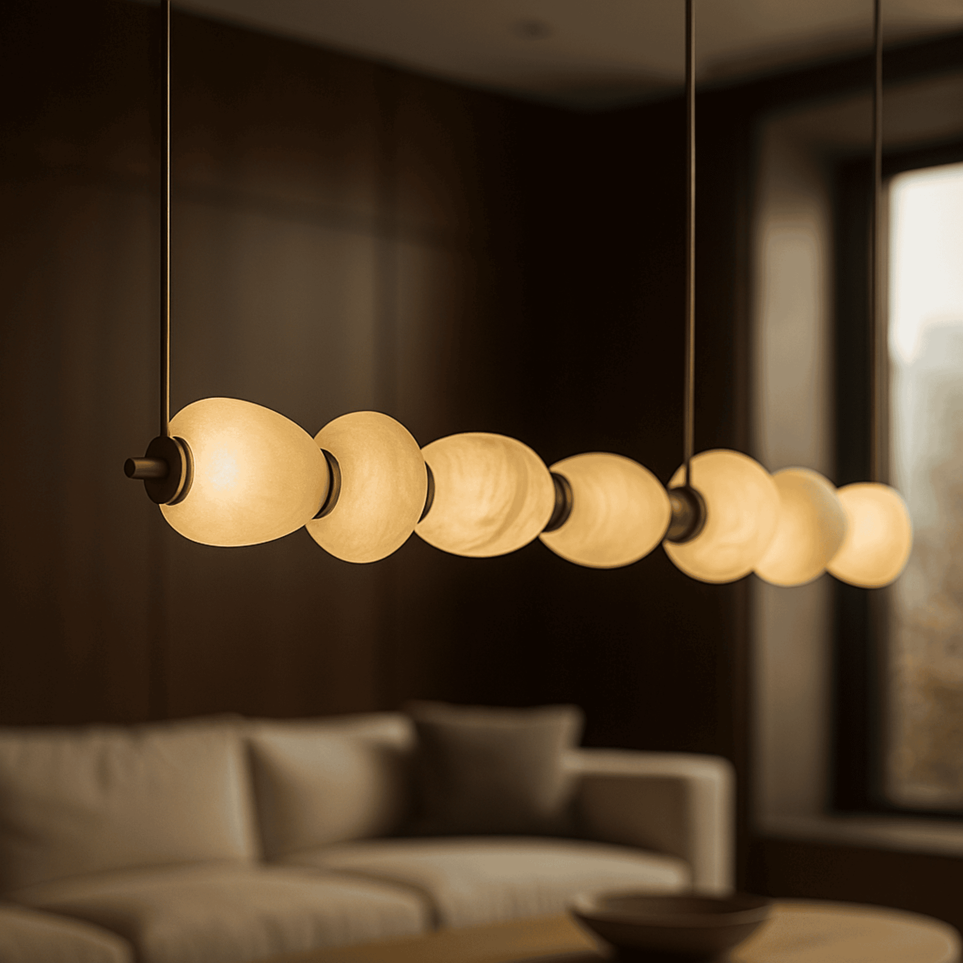 Modern pendant light fixture in a living room setting