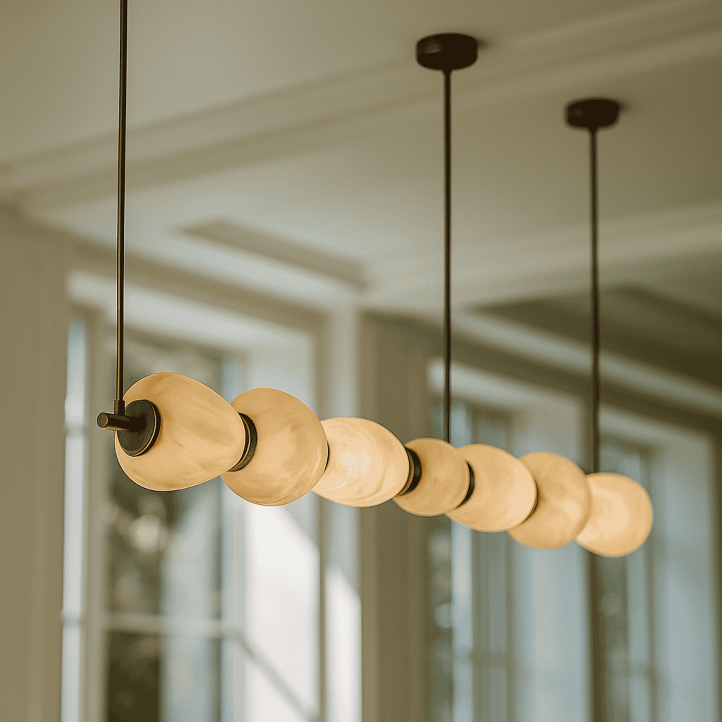 Modern pendant light with round bulbs hanging in a room with large windows.
