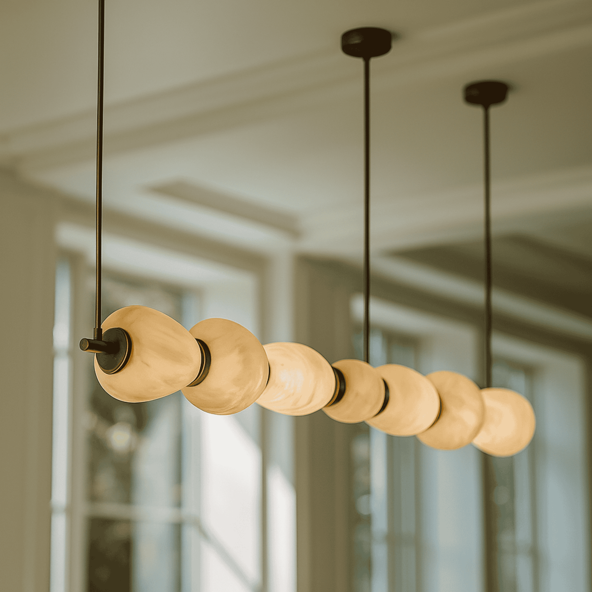 Modern pendant light with round bulbs hanging in a room with large windows.