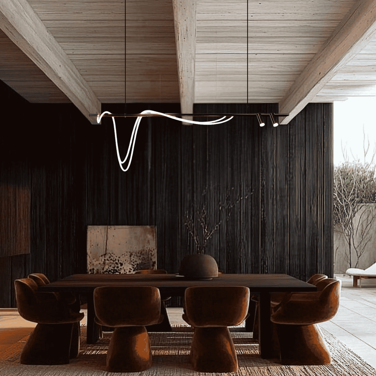 Modern dining area with a long wooden table and brown chairs in a stylish interior setting.