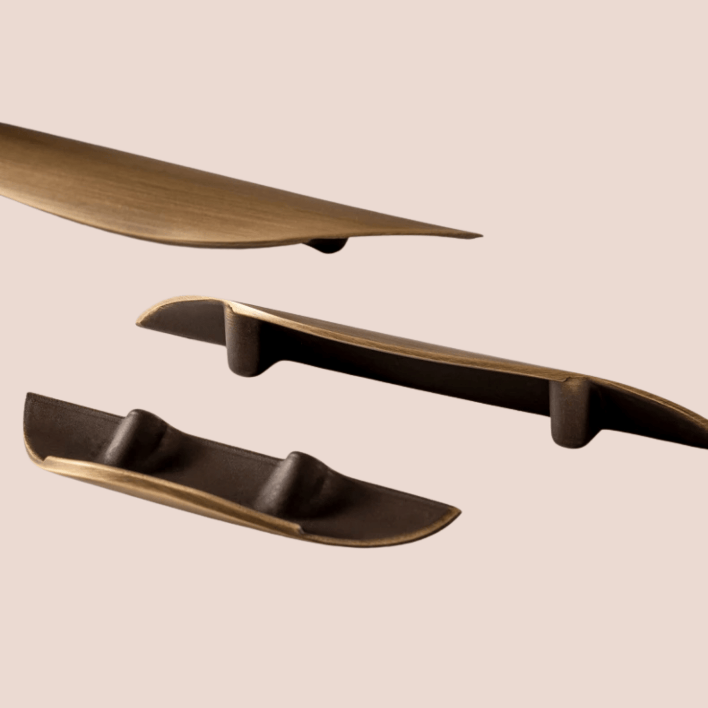 Set of bronze-colored shelves on a beige background