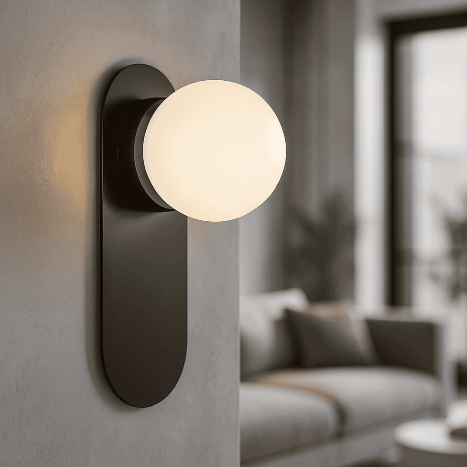 Modern wall lamp with a spherical bulb on a concrete wall, blurred living room in the background