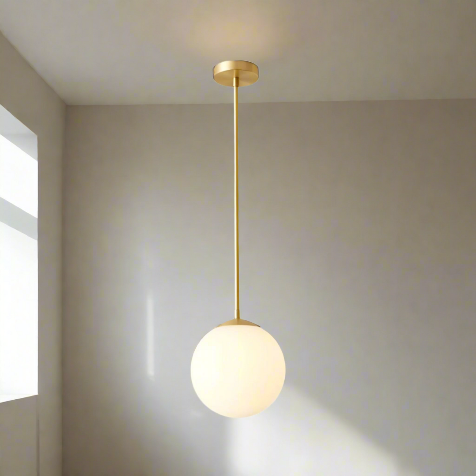 Gold pendant light with a white globe on a white background