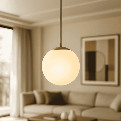 Modern pendant light hanging in a living room with a blurred background