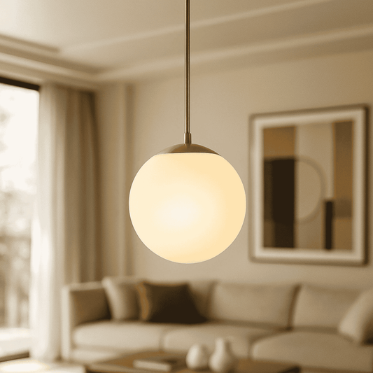 Modern pendant light hanging in a living room with a blurred background