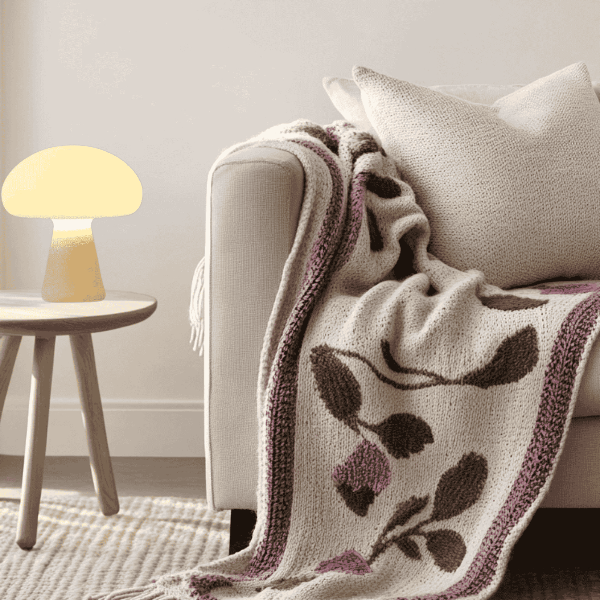 Floral-patterned blanket draped over a sofa in a cozy living room.