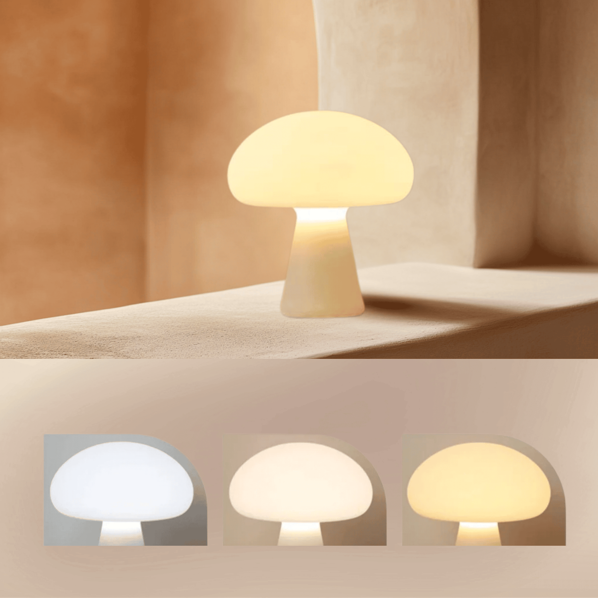 Mushroom-shaped lamp with three color options displayed below on a neutral background