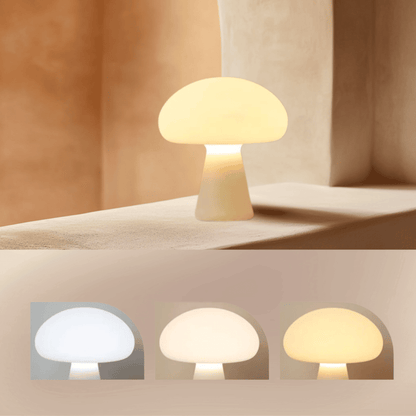 Mushroom-shaped lamp with three color options displayed below on a neutral background