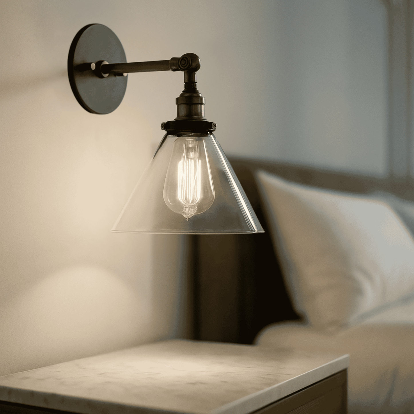 Retro Glass Wall Sconce with cone shade used as a bedside lamp. Warm LED lighting enhances cozy bedroom ambiance.