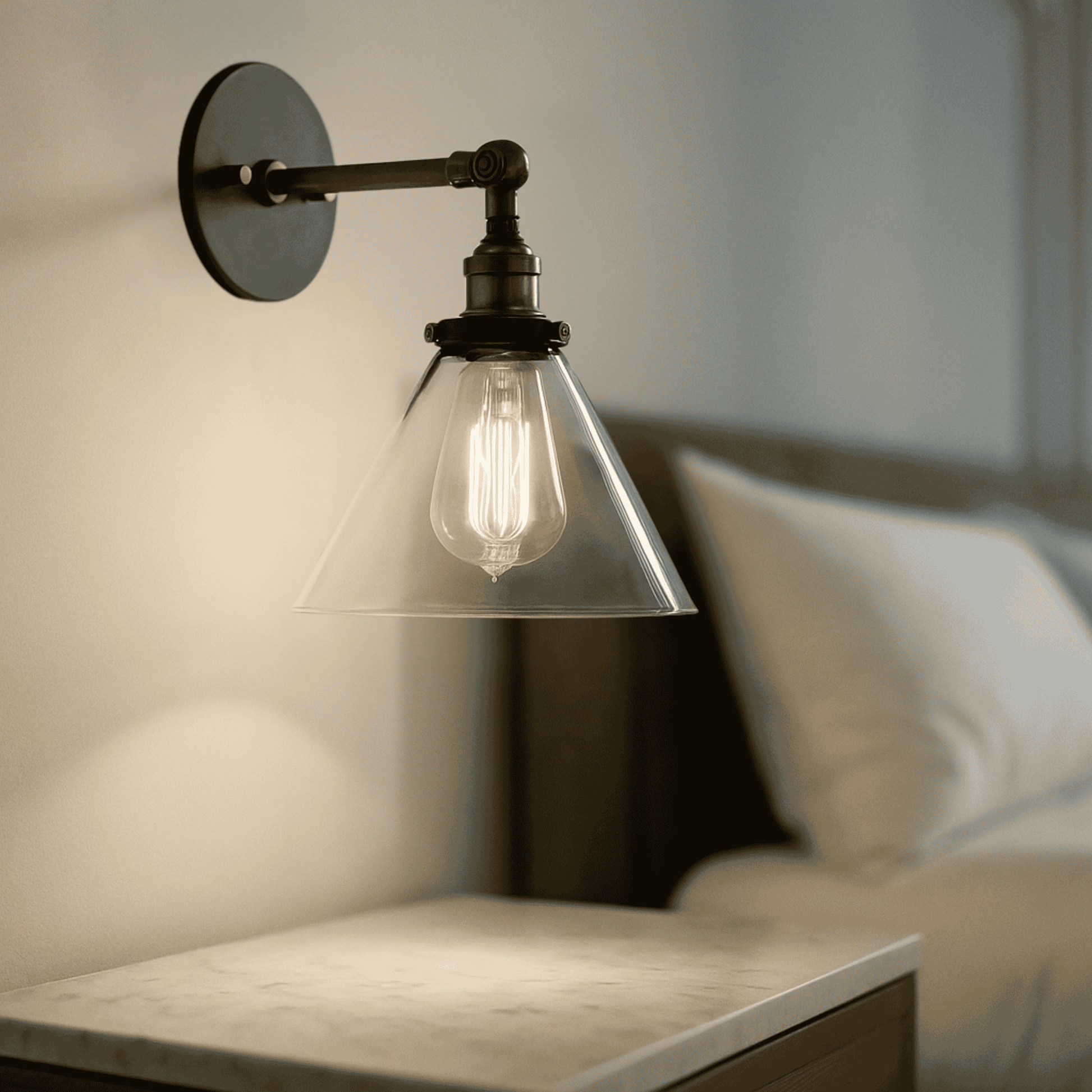 Retro Glass Wall Sconce with cone shade used as a bedside lamp. Warm LED lighting enhances cozy bedroom ambiance.
