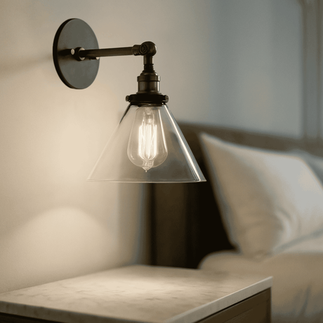 Retro Glass Wall Sconce with cone shade used as a bedside lamp. Warm LED lighting enhances cozy bedroom ambiance.