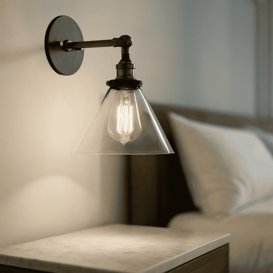 Retro Glass Wall Sconce with cone shade used as a bedside lamp. Warm LED lighting enhances cozy bedroom ambiance.