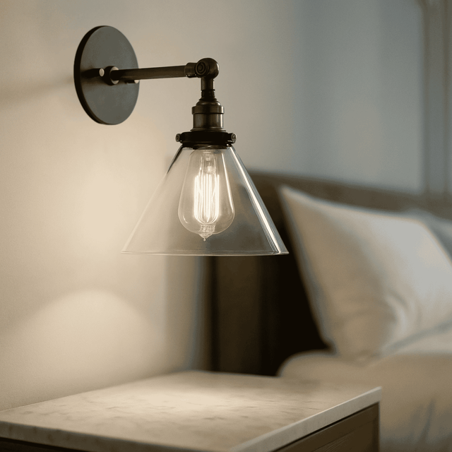 Retro Glass Wall Sconce with cone shade used as a bedside lamp. Warm LED lighting enhances cozy bedroom ambiance.