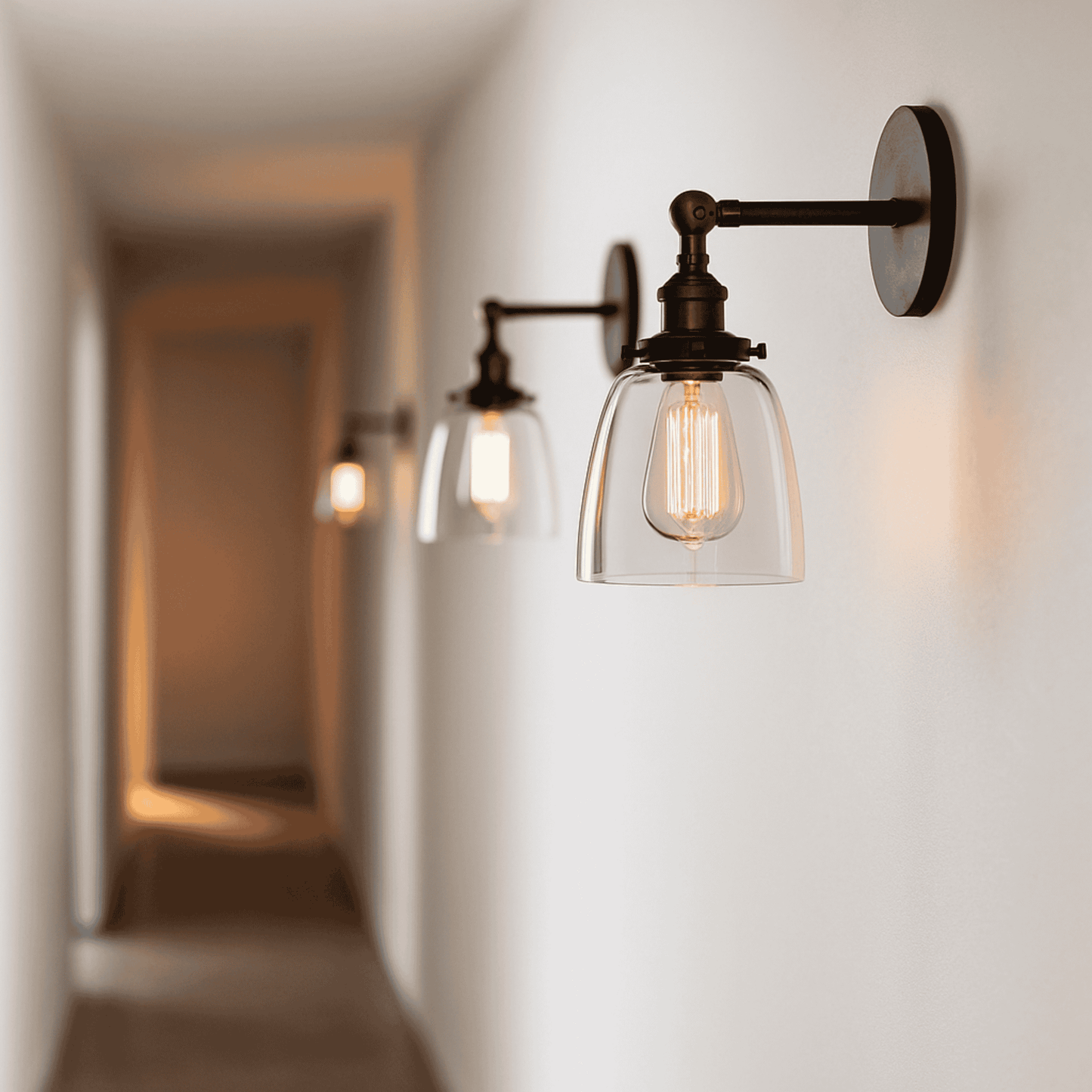 Hallway installation of Retro Glass Wall Sconces with clear shades and warm LED bulbs. Perfect for modern indoor lighting and home decor.