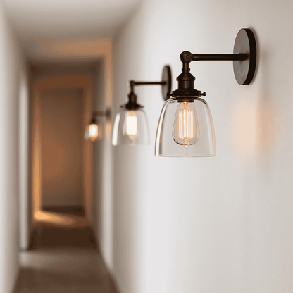 Hallway installation of Retro Glass Wall Sconces with clear shades and warm LED bulbs. Perfect for modern indoor lighting and home decor.