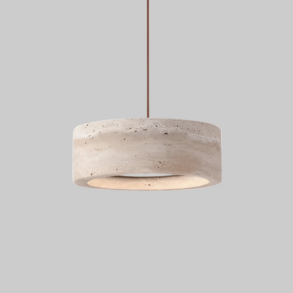 Ithaca LED Pendant Light in natural travertine stone with a minimalist round design, ideal for modern ceiling lighting in home interiors.
