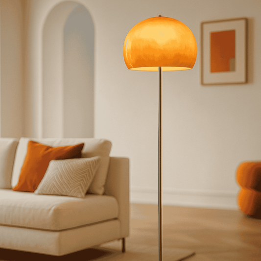 BauGlow Retro Mushroom Lamp - Stylish and Functional floor lamp enhances a modern living room with soft orange glow and minimalist decor.
