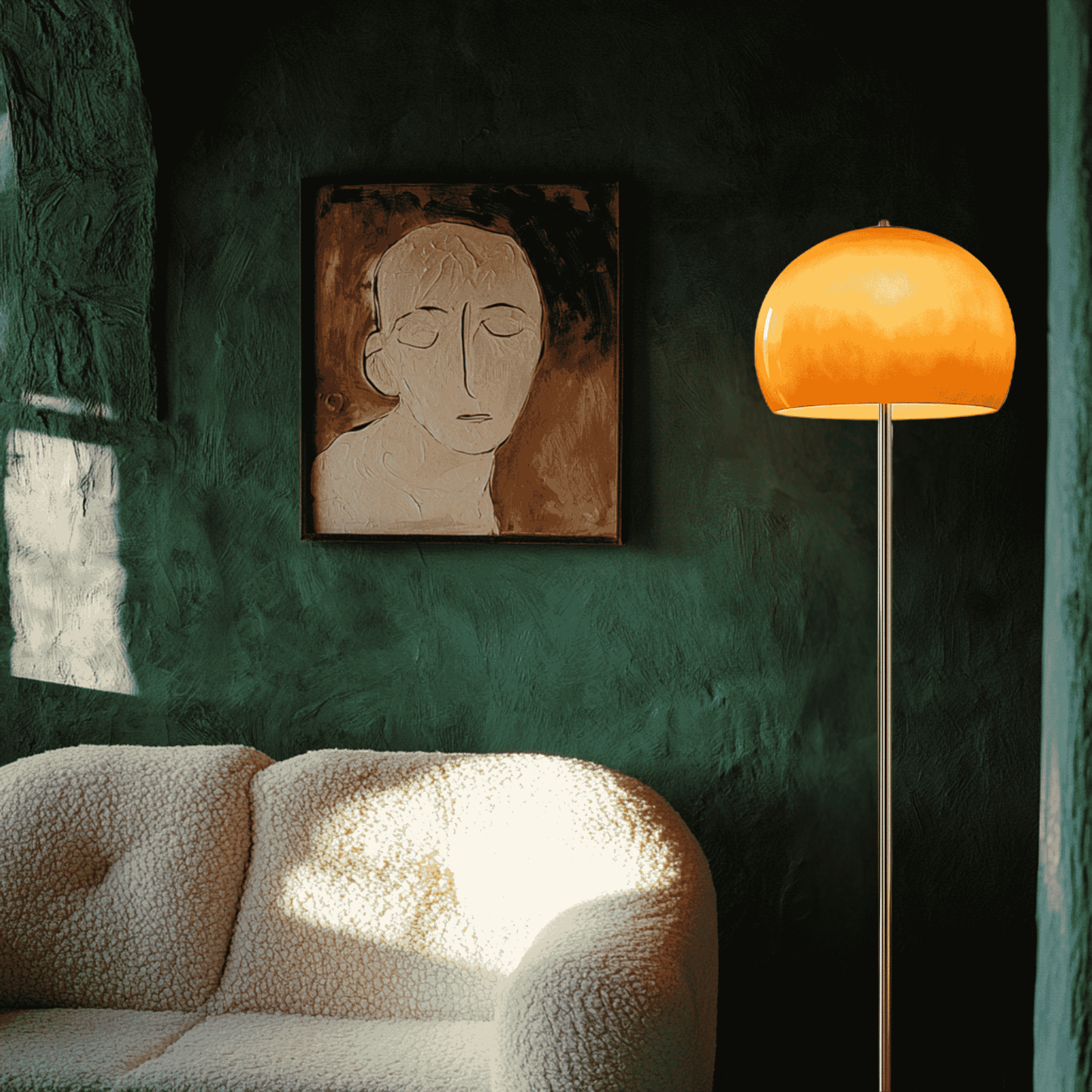 BauGlow Retro Mushroom Lamp - Stylish and Functional floor lamp adds warm ambient lighting to a cozy living room with green textured walls.