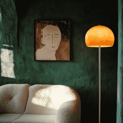 BauGlow Retro Mushroom Lamp - Stylish and Functional floor lamp adds warm ambient lighting to a cozy living room with green textured walls.