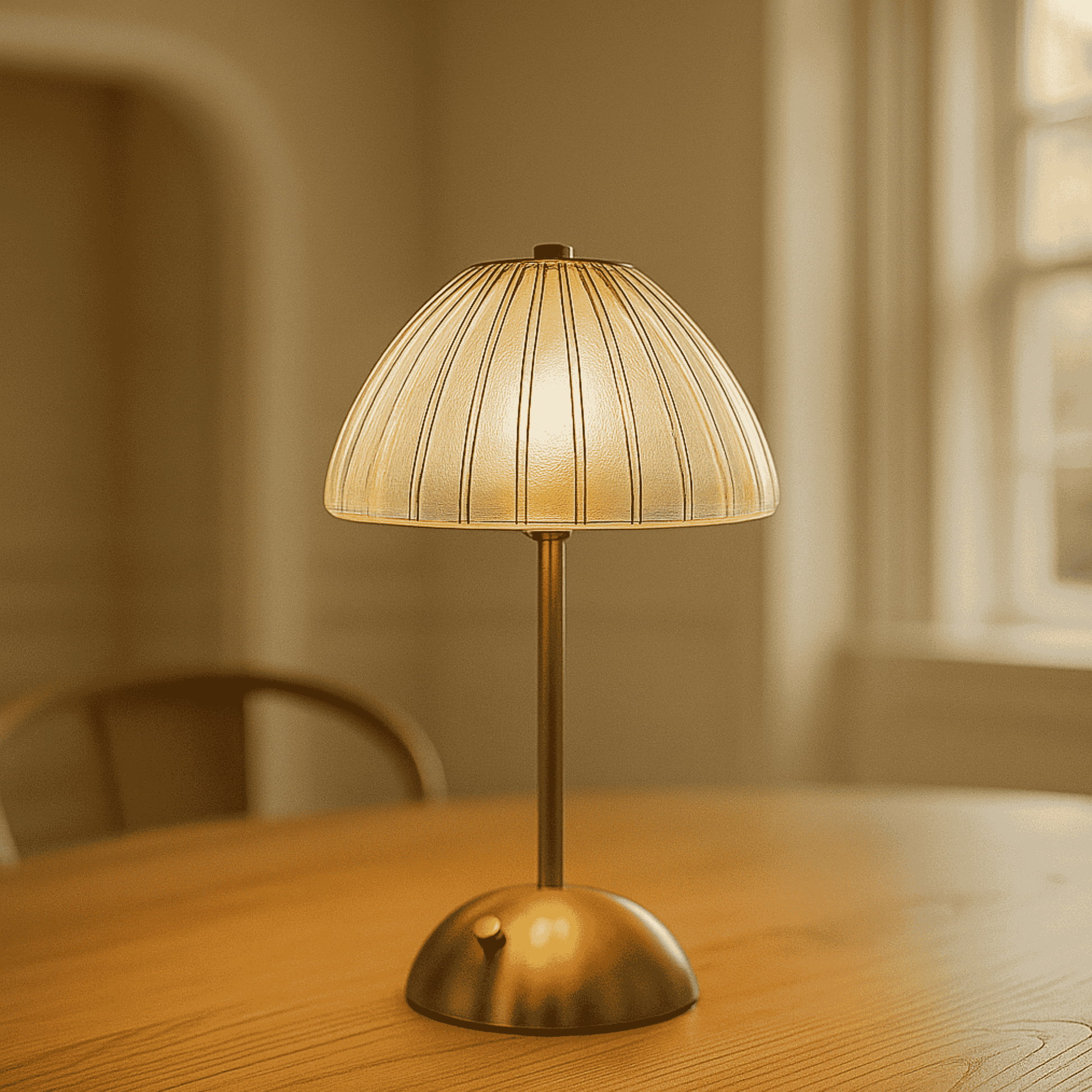 Small table lamp with a textured shade on a wooden surface.

