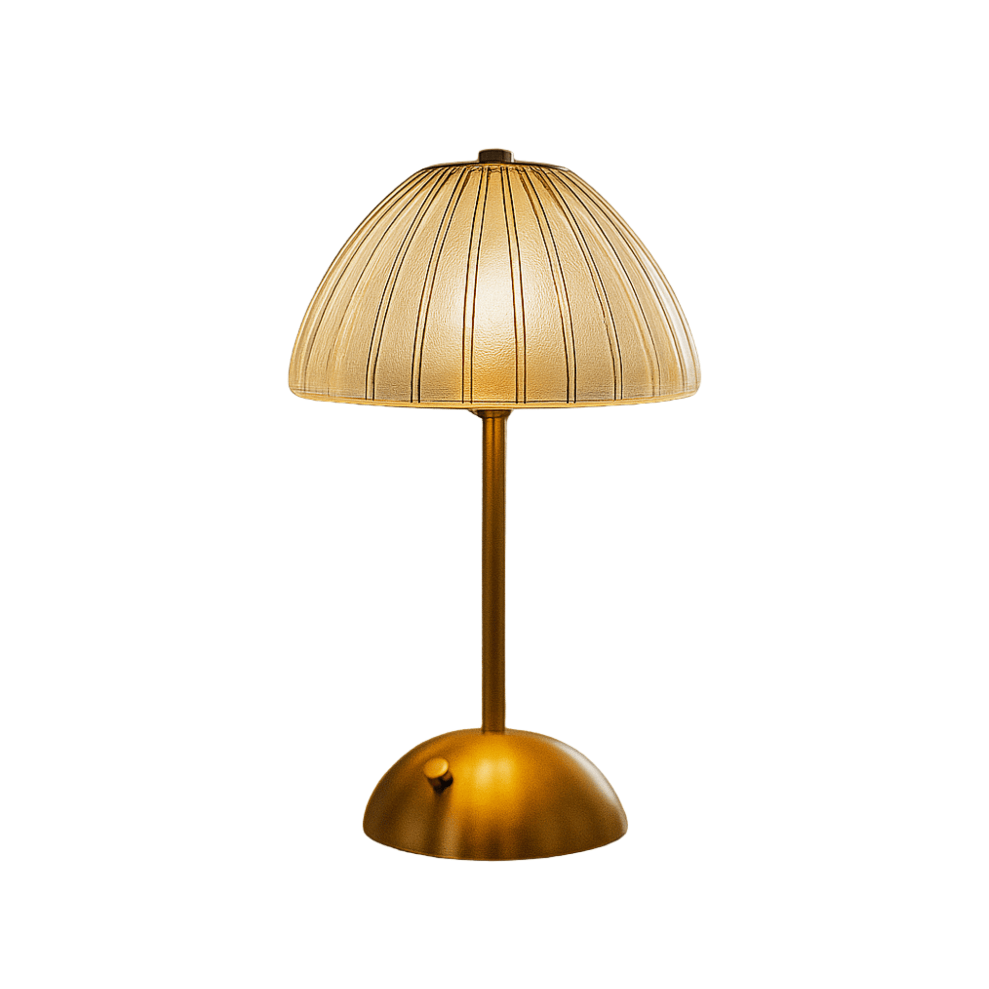 Gold table lamp with a textured shade on a white background


