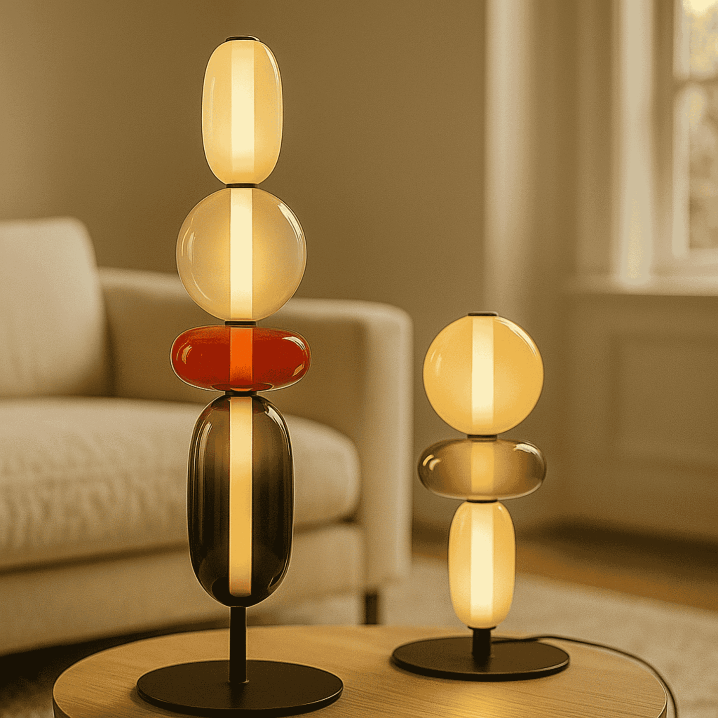 Modern table lamps with stacked glass shades on a wooden table in a living room setting.

