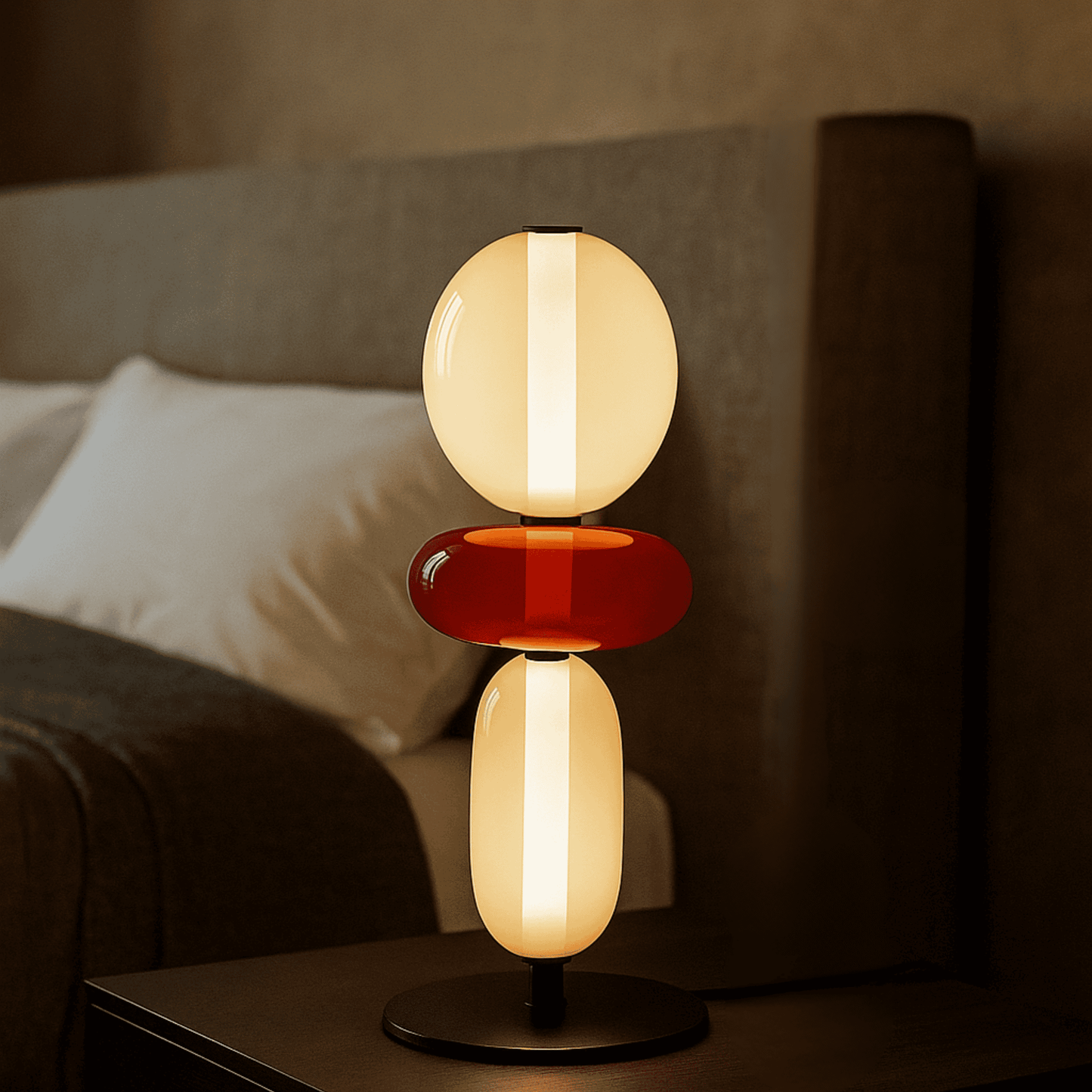 Modern table lamp with glass shades on a side table in a dimly lit room.

