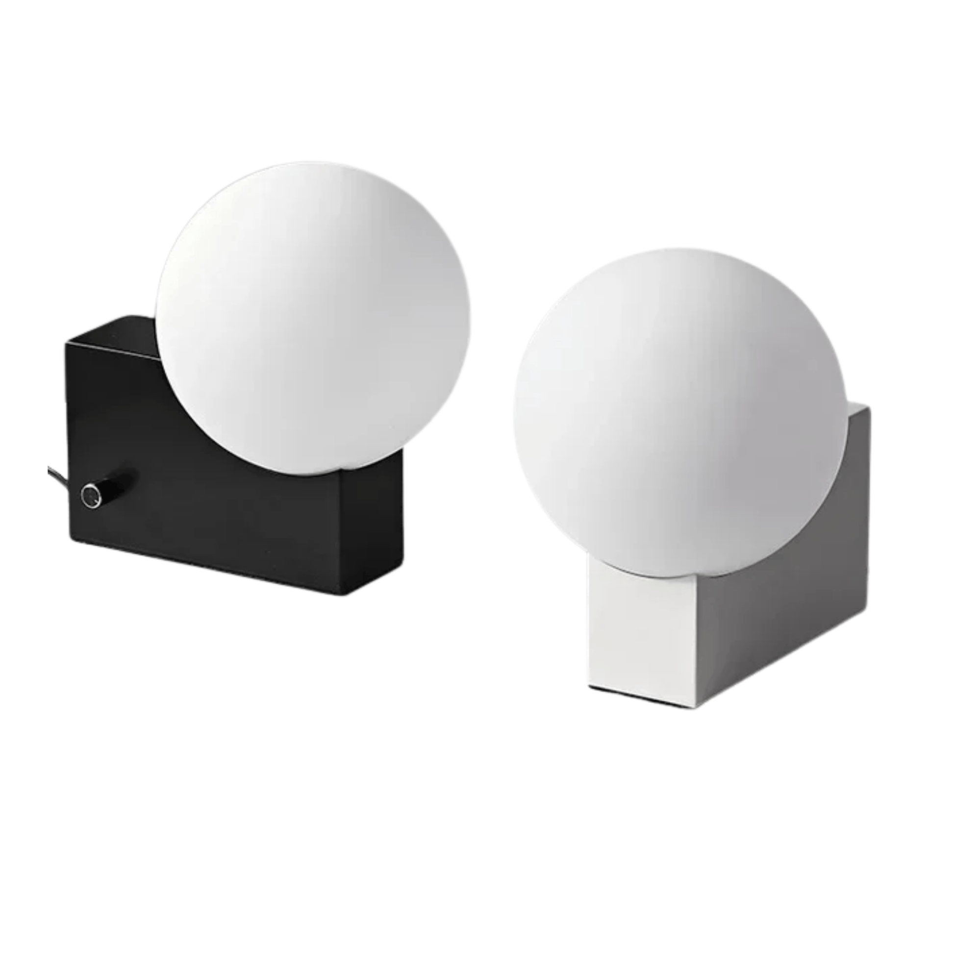 Two spherical wall lights, one black and one white, on a white background.