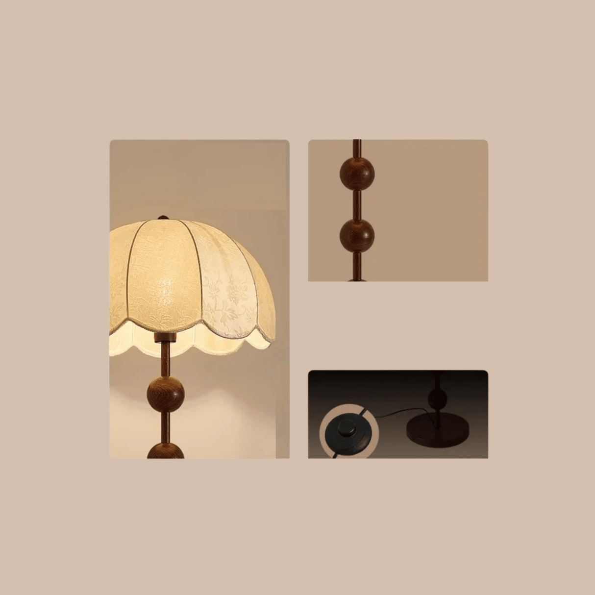 Collage of a table lamp with close-up details on a beige background

