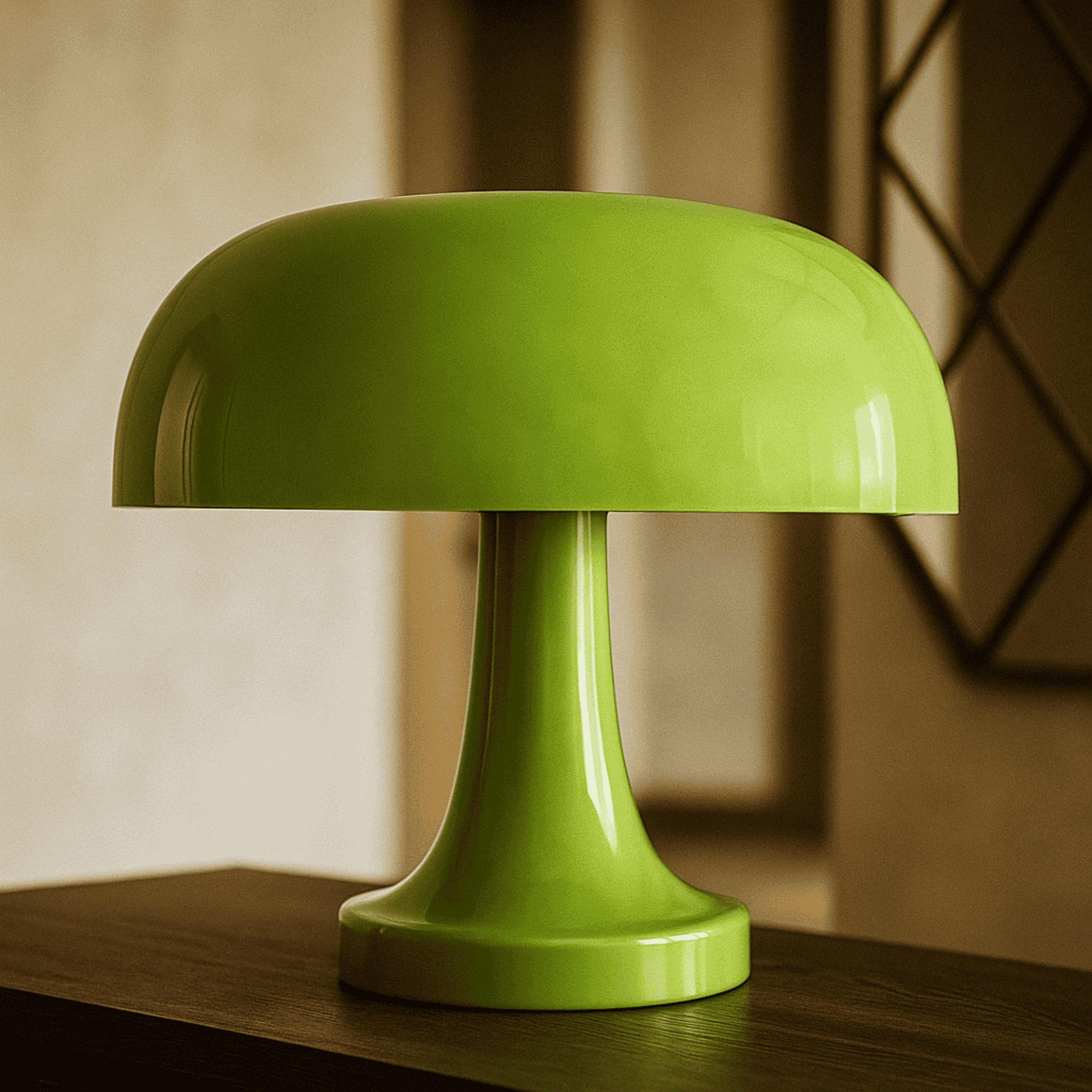 Green table lamp on a wooden surface with a blurred background