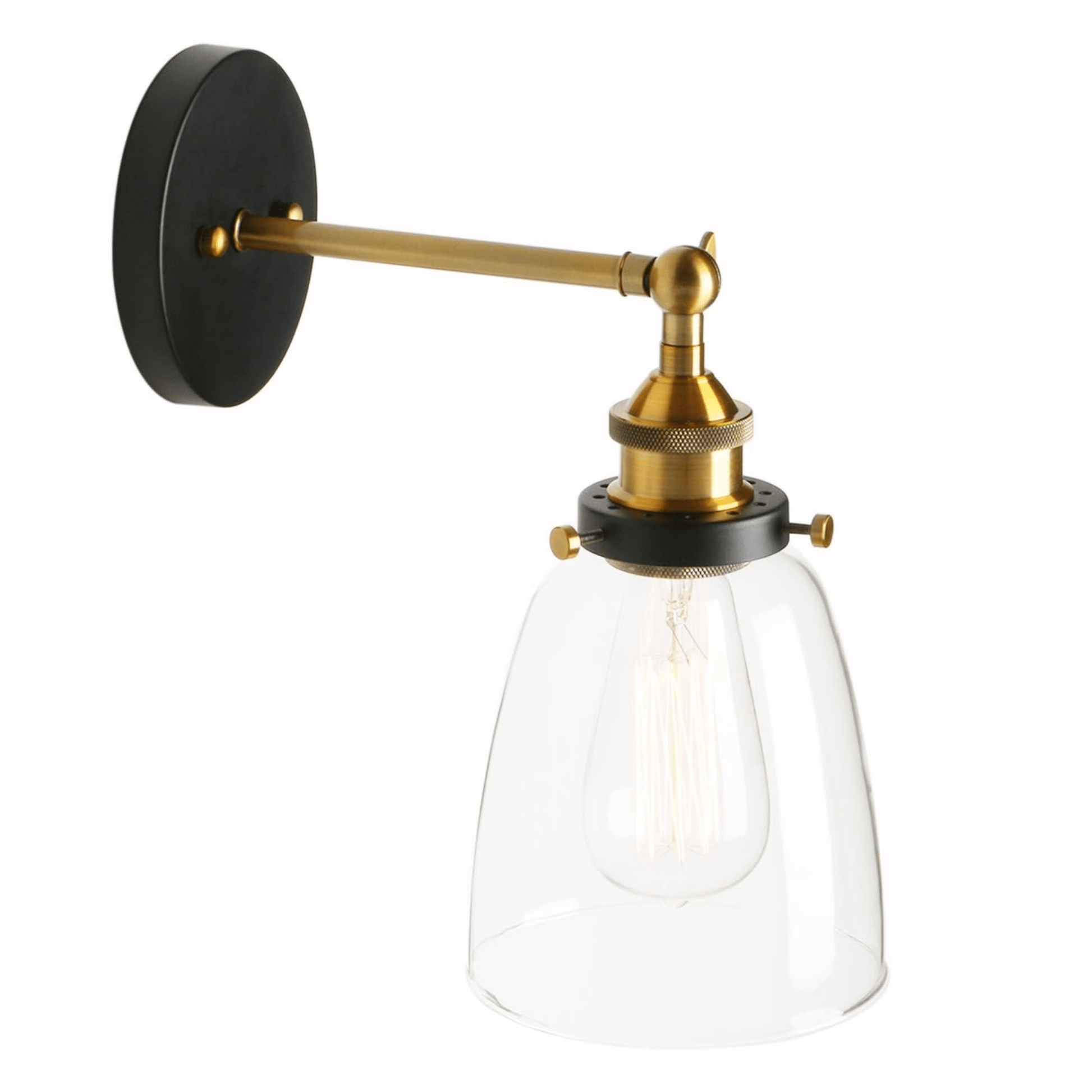 Retro Glass Wall Sconce with clear dome shade and brass arm, ideal for modern kitchens or bedrooms. Stylish LED wall fixture for home lighting.
