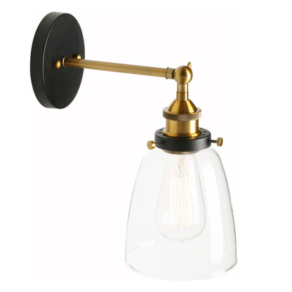 Retro Glass Wall Sconce with clear dome shade and brass arm, ideal for modern kitchens or bedrooms. Stylish LED wall fixture for home lighting.