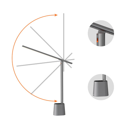 Angle adjustable metal stand with aluminum hinge and base on a white background