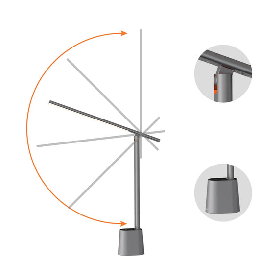 Angle adjustable metal stand with aluminum hinge and base on a white background
