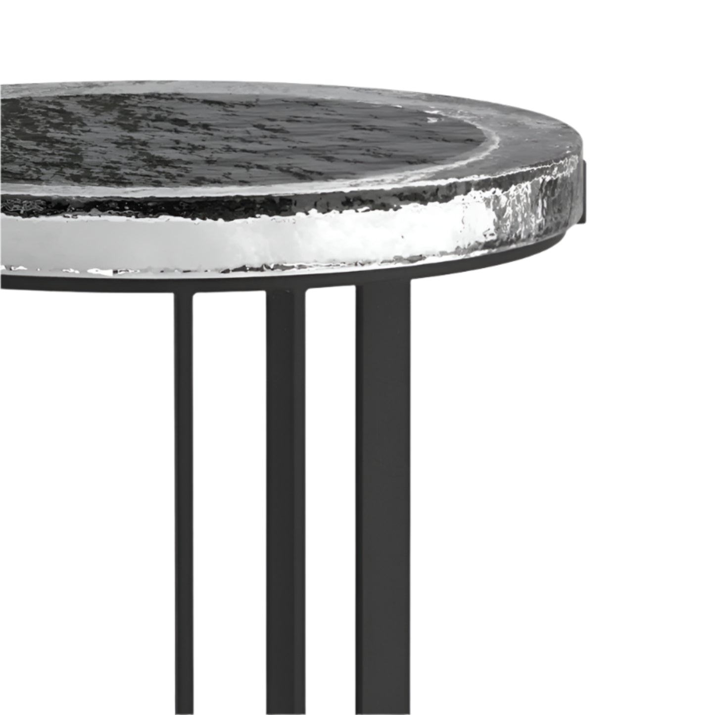 Round side table with marble top and black metal legs on a white background