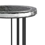 Round side table with marble top and black metal legs on a white background