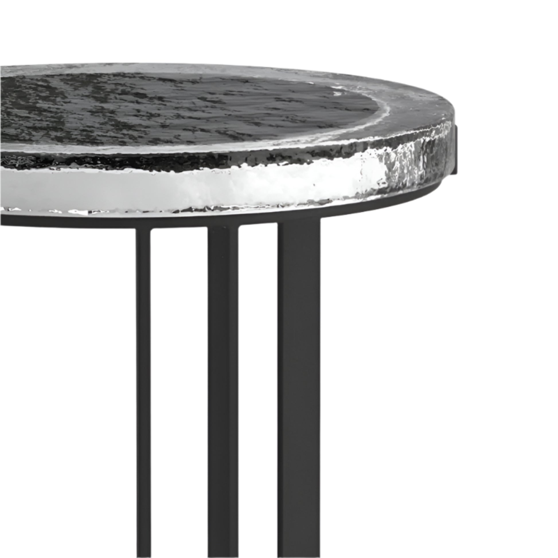Round side table with marble top and black metal legs on a white background