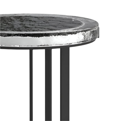 Round side table with marble top and black metal legs on a white background