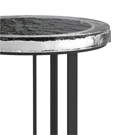 Round side table with marble top and black metal legs on a white background