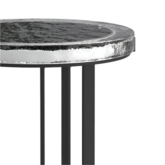 Round side table with marble top and black metal legs on a white background