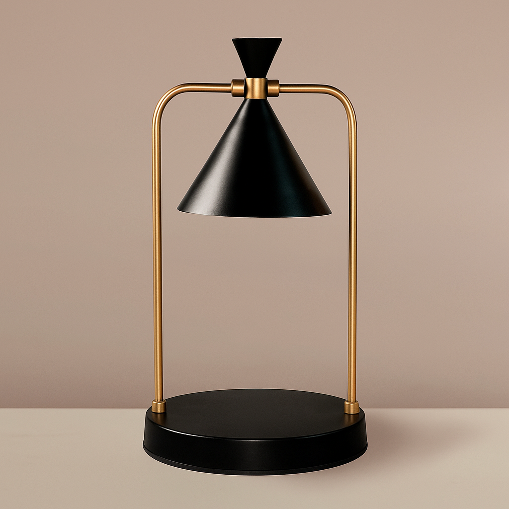 Modern table lamp with black cone-shaped shade and gold accents on a beige background