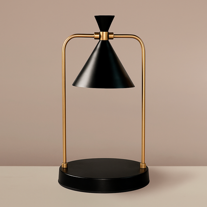Modern table lamp with black cone-shaped shade and gold accents on a beige background