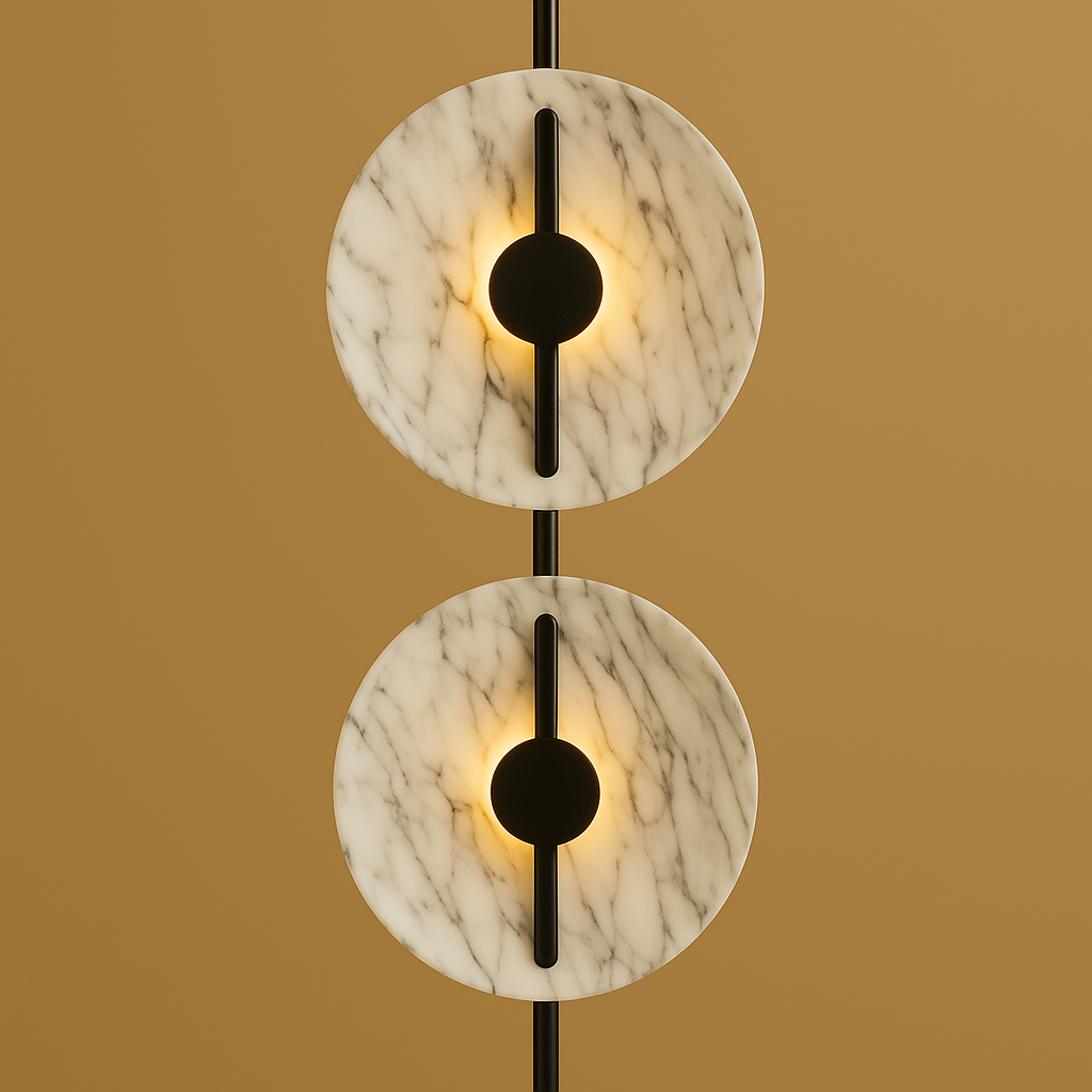 Modern wall lamp with two circular shades on a beige background