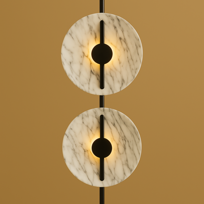 Modern wall lamp with two circular shades on a beige background