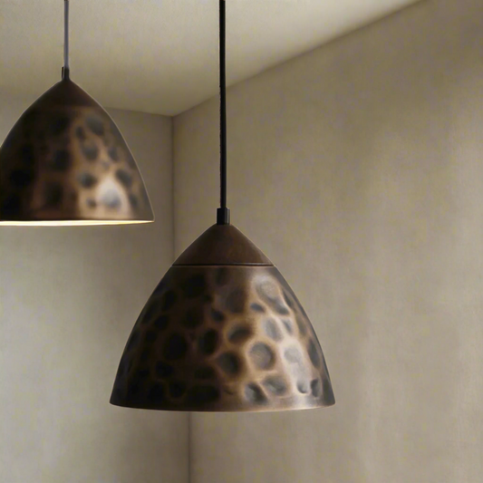 Close look at Elegant Vintage pendant light with copper finishes.