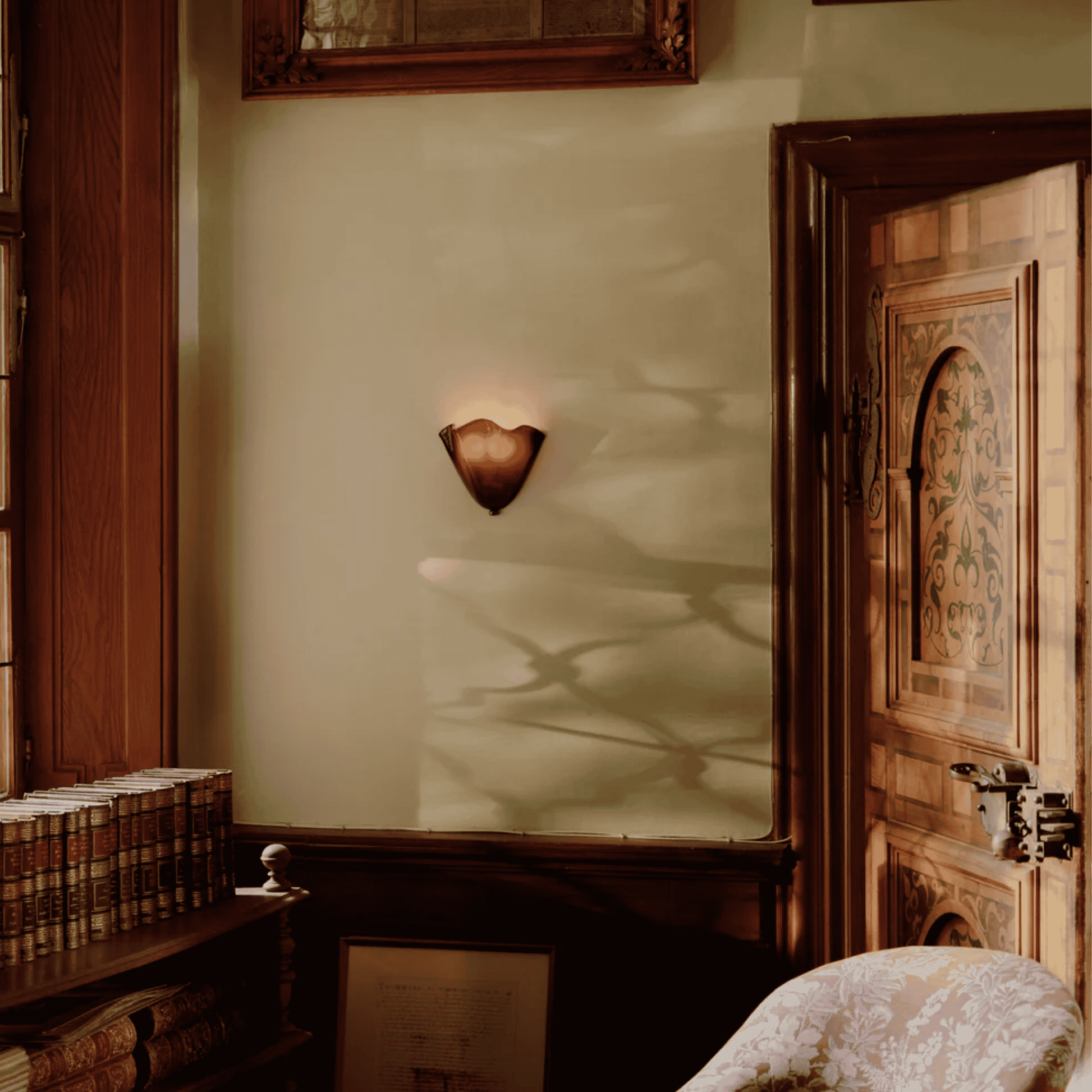 Decorative wall light fixture on a green wall with a wooden door and books in the background.