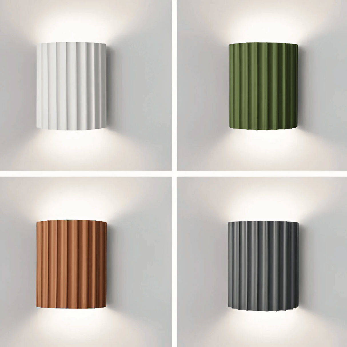 Four cylindrical wall lights in different colors on a gray background