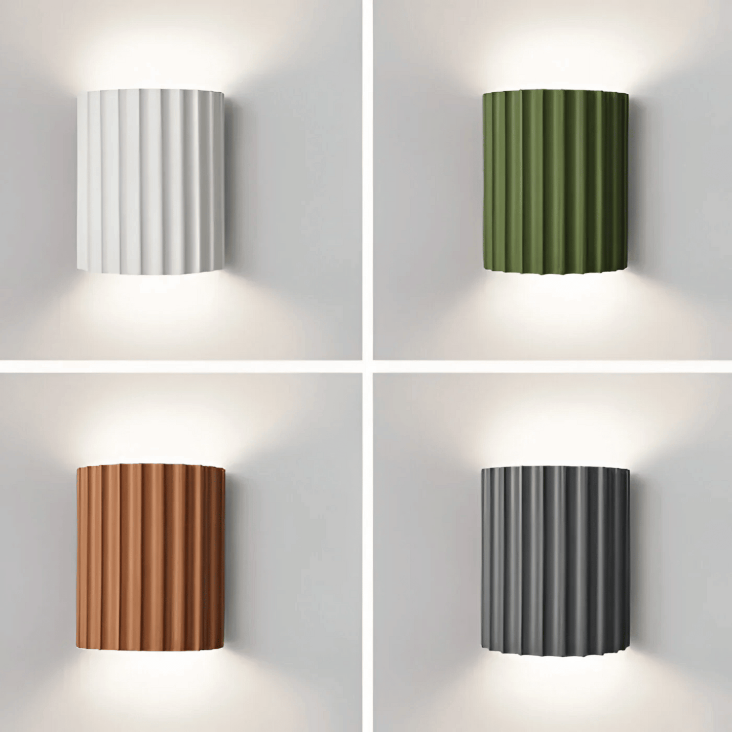Four cylindrical wall lights in different colors on a gray background