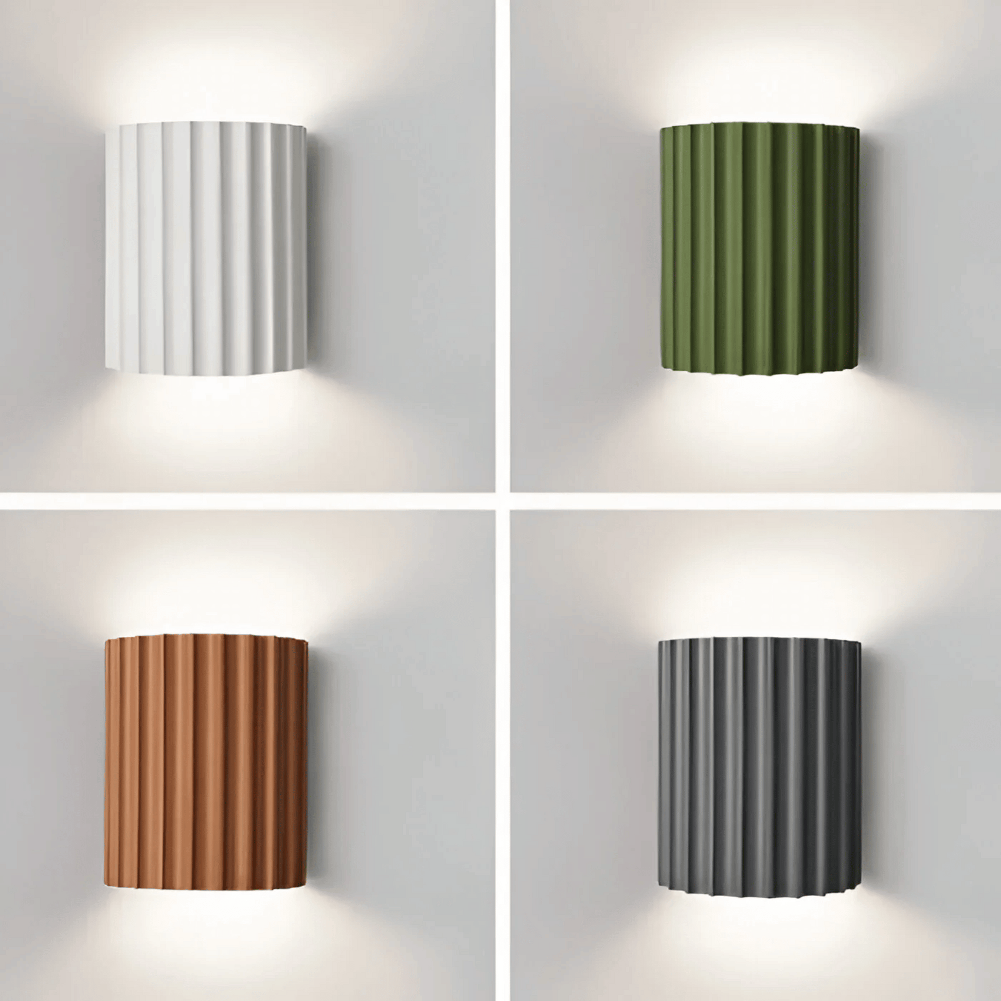 Four cylindrical wall lights in different colors on a gray background